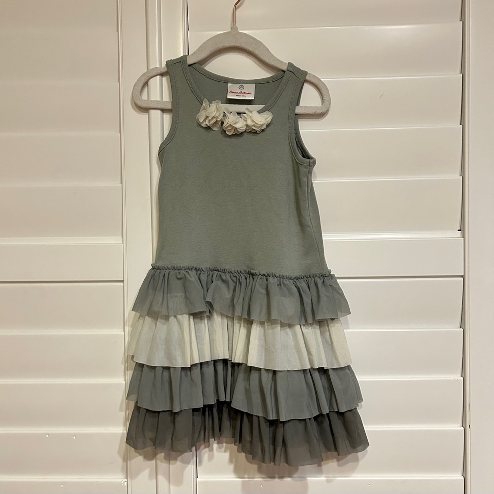 Hanna Andersson Tiered Tulle Sleeveless Dress with Flowers Sage Green Cream Sz 4